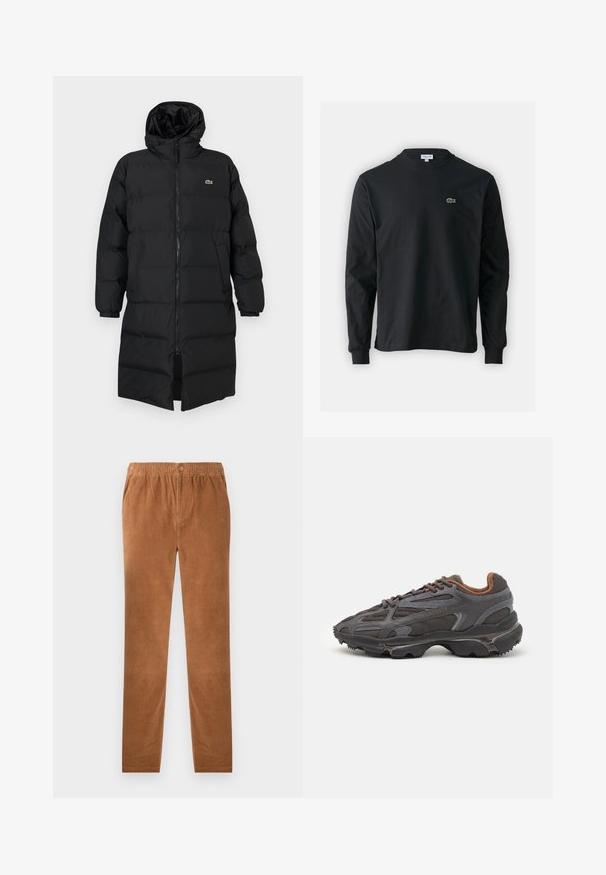 Μαύρο φουσκωτό παλτό με κουκούλα, διαθέτοντας πλήρες φερμουάρ, μακριά μανίκια και σχέδιο μέχρι το γόνατο. Μαλακή, υφασμάτινη υφή με λεπτομέρεια λογότυπου.; Μαύρο μπλουζάκι με μακριά μανίκια από βαμβάκι, με στρογγυλή λαιμόκοψη και μικρό πράσινο κεντητό λογότυπο κροκοδείλου στην αριστερή πλευρά του στήθους.; Καφέ βελούδινα παντελόνια με ελαστική μέση, που διαθέτουν κούμπωμα με κουμπί. Σχεδιασμός ίσιων ποδιών και μαλακό, υφασματώδης υφή.; Αθλητικά παπούτσια Lacoste σε σκούρο γκρι χρώμα, κατασκευασμένα από διχτυωτό και συνθετικό υλικό, με ελαστική σόλα και καφέ λεπτομέρειες στον γιακά και στο branding.