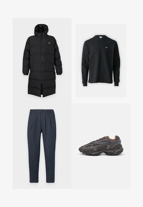 Czarna kurtka puchowa z kapturem, z pełnym zamkiem, długimi rękawami i długością sięgającą kolan. Miękka, pikowana tekstura z detalem logo.; Czarna koszulka z długim rękawem, wykonana z bawełny, z okrągłym dekoltem i małym haftowanym logo krokodyla w kolorze zielonym po lewej stronie klatki piersiowej.; Ciemnoniebieskie spodnie z teksturowanej tkaniny, z prostym przodem i zwężanym krojem nogawki. Posiadają zapięcie na guzik oraz kieszenie boczne.; Sneakers Lacoste w ciemnoszarym kolorze, wykonane z siateczki i materiału syntetycznego, z teksturowaną podeszwą oraz brązowymi akcentami na kołnierzu i logotypie.