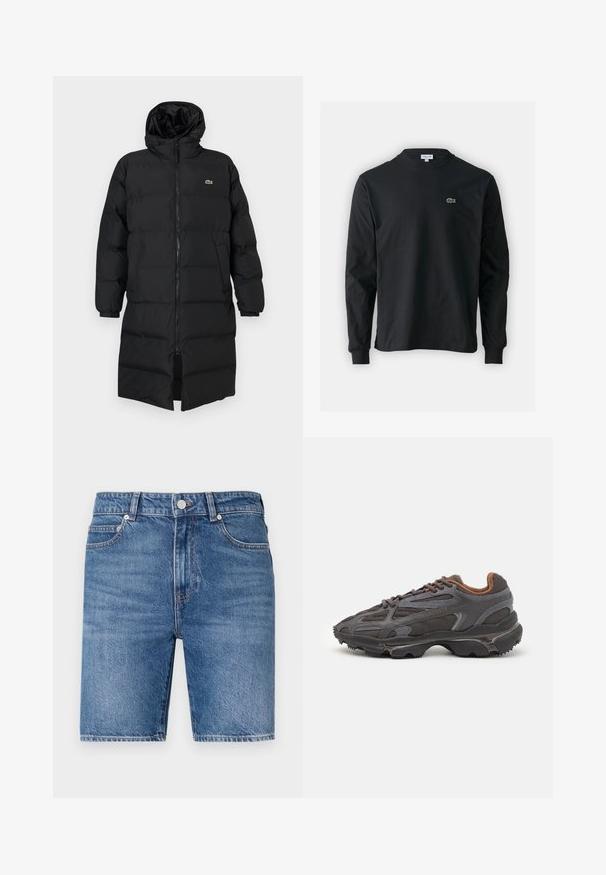 Mustahomeinen musta untuvatakki hupulla, jossa on täysipitkä vetoketju, pitkät hihat ja polvenpituinen malli. Pehmeä, tikkikuvioitu pinta logotiedolla.; Musta pitkähiha t-paita, joka on valmistettu puuvillasta. Paita on varustettu pyöreällä kaula-aukolla ja vasemmassa rinnassa on pieni vihreä brodeerattu krokotiililogo.; Farkkushortsit keskisinisellä pesulla, suorin leikkauksin, viidellä taskulla ja napituksella. Korostaa kontrastivärisiä tikkejä.; Lacoste-tennar i mörkgrått med nät- och syntetmaterial, med en texturerad sula och bruna accenter på kragen och märket.