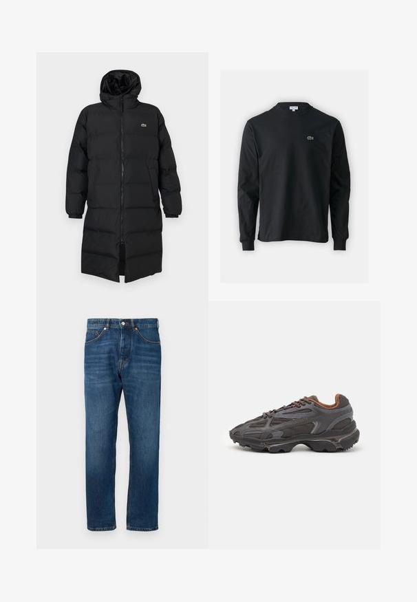 Geacă puffer neagră cu glugă, dotată cu fermoar complet, mâneci lungi și un design până la genunchi. Textură moale, matlasată, cu detalii ale logo-ului.; Tricou negru cu mânecă lungă, realizat din bumbac, cu un guler rotund și un mic logo brodat cu un crocodil verde pe partea stângă a pieptului.; Jeans din denim albastre cu un croi drept, talie medie și detalii de cusătură portocalie. Prezintă un design clasic cu cinci bă pockets și închidere cu buton.; Adidași Lacoste de culoare gri închis, din material mesh și sintetic, cu o talpă texturată și accente maronii pe guler și branding.