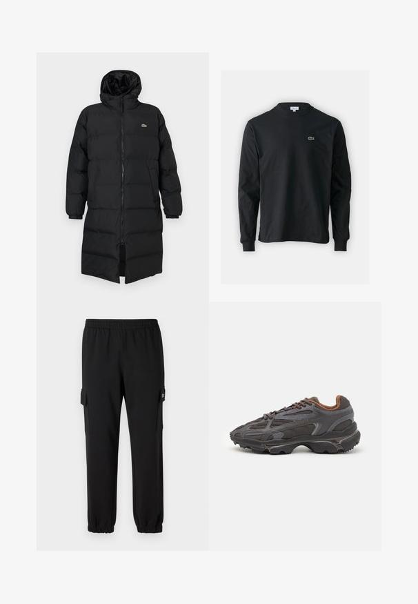 Svart puffjacka med huva, med full dragkedja, långa ärmar och knälång design. Mjuk, vadderad textur med logotypdetalj.; Svart långärmad t-shirt i bomull, med rund halsringning och en liten grön broderad krokodil-logotyp på vänster bröst.; Svart sweatpants med elastiskt midjeband, avsmalnande muddar och sidofickor. Tillverkad av mjukt material med en slät textur.; Lacoste-sneakers i mörkgrått med nät och syntetmaterial, med en strukturerad sula och bruna detaljer på kragen och varumärket.