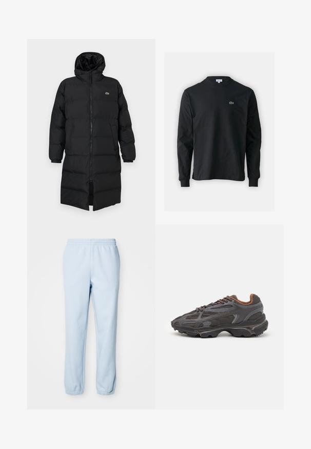 Melna pūkaina jaka ar kapuci, kas aprīkota ar pilnu rāvējslēdzēju, garām piedurknēm un ceļgala garuma dizainu. Mīksta, quiltēta tekstūra ar logotipa detaļu.; Melna garām piedurknēm t-krekls, izgatavots no kokvilnas, ar apaļu kakla izgriezumu un mazu zaļu izšūtu krokodila logo kreisajā krūtī.; Gaiši zilie sporta bikses, kas izgatavotas no mīkstas auduma, ar elastīgu jostu un stiprinātiem potītes galiem, nodrošinot brīvāku piegriezumu. Nav redzamu rakstu vai apdares elementu.; Lacoste kedas tumši pelēkā krāsā ar acu audumu un sintētisko materiālu, ar teksturētu zoli un brūniem akcentiem apkaklītē un zīmola uzrakstā.