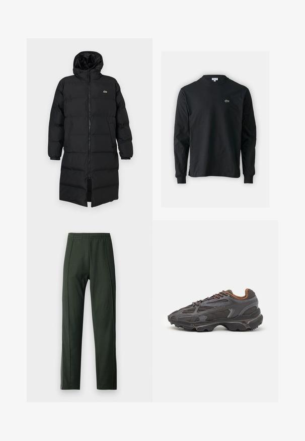 Juodas pūkinis paltas su kapišonu, su pilnu užtrauktuku, ilgomis rankovėmis ir iki kelių ilgio. Minkšta, siuvinėta tekstūra su logotipo detale.; Juodas ilgomis rankovėmis marškinėliai iš medvilnės, turintys apvalią iškirptę ir mažą žalią išsiuvinėtą krokodilo logotipą kairėje krūtinės pusėje.; Tamsiai žali sportiniai keliai su lygiu paviršiumi, turintys elastingą juosmenį ir kontrastingas baltas juostas šonuose. Prigludęs dizainas.; Lacoste sportbačiai tamsiai pilki, pagaminti iš tinklinės ir sintetinių medžiagų, su tekstūruotu padu ir rudomis detalėmis ant apykaklės bei prekės ženklo.