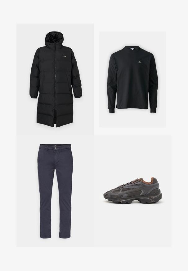 Must pufjakker, mille kapuutsiga, täispika tõmblukuga, pikkade varrukatega ja põlve pikkuses. Pehme, tikitud tekstuur, logodetailiga.; Must musta särk pikad varrukad, valmistatud puuvillast, ümar kaelus ja vasakul rinnal väike rohelise värvi tikandiga krokodillilogoga.; Tumed sinised chinosid kitsast lõiget, valmistatud siledast kangast, esiseotud nööbiga ja vöökummidega, puhta disainiga, külgtaskudega.; Tumed hallid Lacoste tossud, mis on valmistatud võrkkangast ja sünteetilisest materjalist, omavad tekstureeritud talla ning pruune aktsente kaeluse ja brändingu juures.