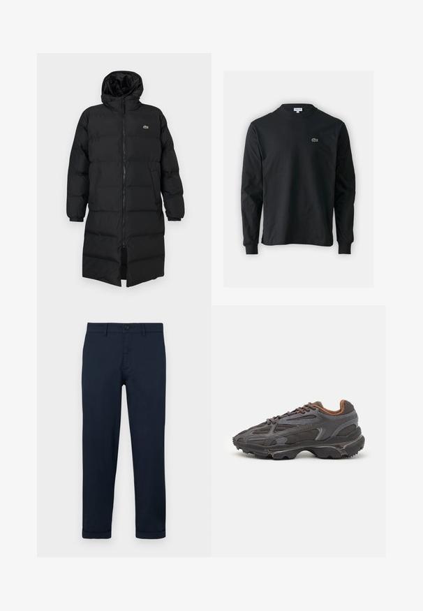 Casaco puffer preto com capuz, apresentando um fecho de correr completo, mangas longas e um design até ao joelho. Textura suave e acolchoada com detalhe do logotipo.; Camisola preta de manga longa feita de algodão, com decote redondo e um pequeno logótipo de crocodilo bordado em verde no lado esquerdo do peito.; Calças azul-marinho em algodão, com corte reto, fecho com botão, bolsos frontais e punhos dobrados para um acabamento limpo.; Ténis Lacoste em cinza-escuro com material em malha e sintético, apresentando uma sola texturizada e detalhes castanhos na gola e na marca.