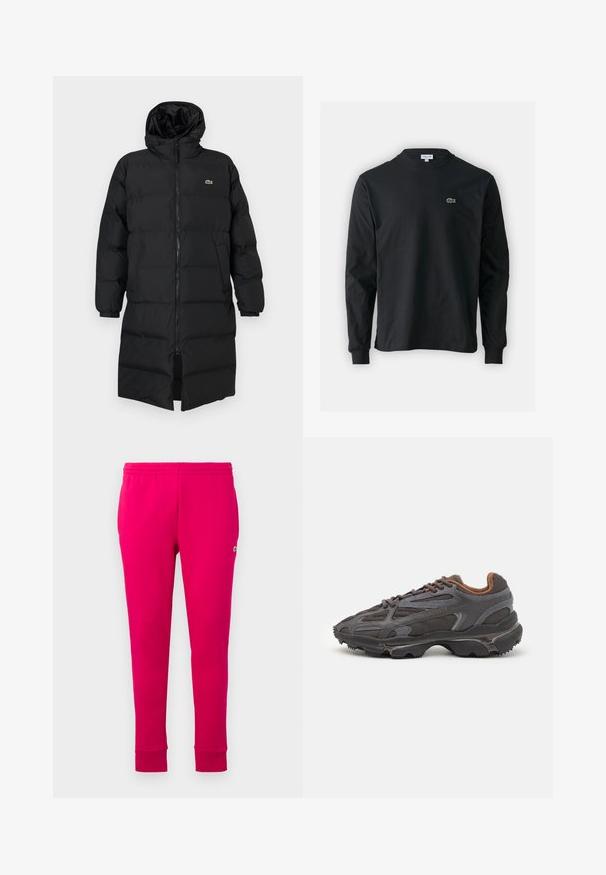 Casaco puffer preto com capuz, apresentando um fecho de correr completo, mangas longas e um design até ao joelho. Textura suave e acolchoada com detalhe do logotipo.; Camisola preta de manga longa feita de algodão, com decote redondo e um pequeno logótipo de crocodilo bordado em verde no lado esquerdo do peito.; Calças de jogging fúcsia com cintura elástica, ajuste estreitado e um pequeno logótipo na lateral. Feitas de um tecido suave e liso.; Ténis Lacoste em cinza-escuro com material em malha e sintético, apresentando uma sola texturizada e detalhes castanhos na gola e na marca.