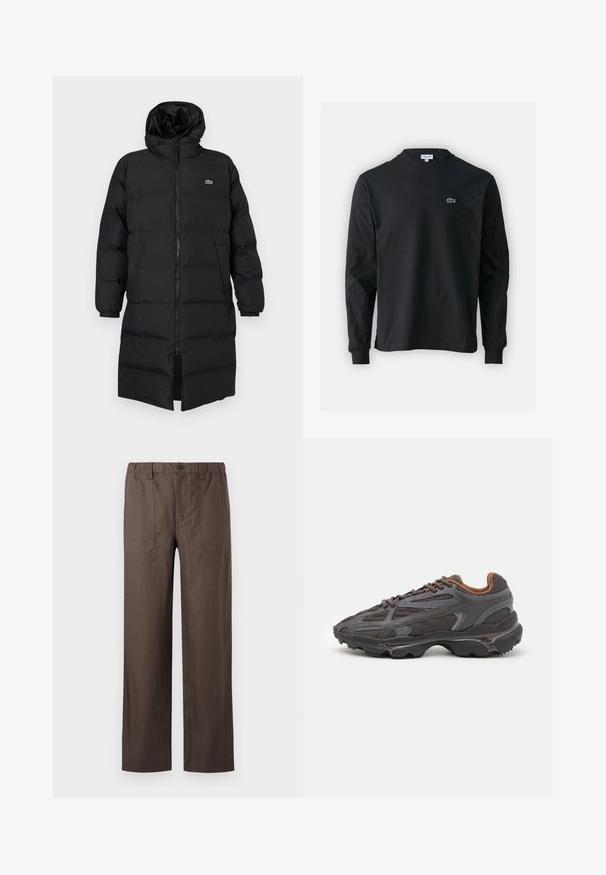 Czarna kurtka puchowa z kapturem, z pełnym zamkiem, długimi rękawami i długością sięgającą kolan. Miękka, pikowana tekstura z detalem logo.; Czarna koszulka z długim rękawem, wykonana z bawełny, z okrągłym dekoltem i małym haftowanym logo krokodyla w kolorze zielonym po lewej stronie klatki piersiowej.; Brązowe spodnie typu wide-leg wykonane z lekkiego materiału. Posiadają elastyczny pasek w talii oraz dwie przednie kieszenie z prostokątnymi akcentami przeszyć.; Sneakers Lacoste w ciemnoszarym kolorze, wykonane z siateczki i materiału syntetycznego, z teksturowaną podeszwą oraz brązowymi akcentami na kołnierzu i logotypie.