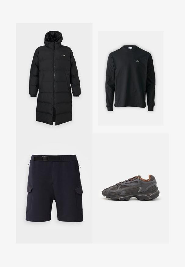 Čierna prešívaná bunda s kapucňou, vybavená plným zipsom, dlhými rukávmi a dĺžkou po kolená. Mäkká, prešívaná textúra s detailom loga.; Čierne tričko s dlhým rukávom vyrobené z bavlny, s okrúhlym výstrihom a malým zeleným vyšívaným logom krokodíla na ľavej hrudi.; Námornícke šortky vyrobené z hladkého materiálu s pásom, obsahujúce dve bočné vrecká a šikmé akcenty na nohách.; Lacoste tenisky v tmavo sivej farbe z nylonu a syntetického materiálu, s textúrovanou podrážkou a hnedými akcentami na golieri a brandingu.