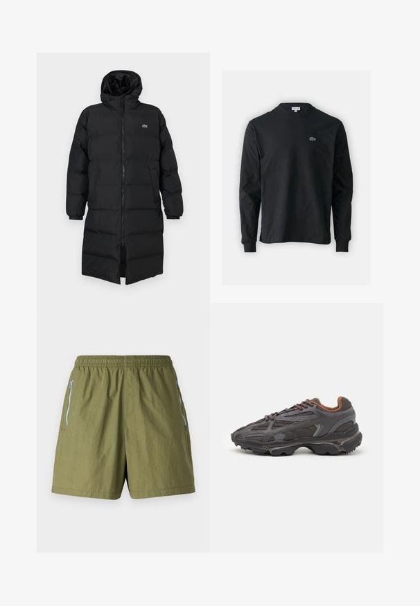 Crni zimski kaput s kapuljačom, s punim zatvaračem, dugim rukavima i dužinom do koljena. Mekana, kviltana tekstura s logom.; Crna majica dugih rukava od pamuka, s okruglim izrezom i malim zelenim izvezenim logotipom krokodila s lijeve strane prsnog dijela.; Maslinasto zelene kratke hlače s elastičnom trakom u struku, bočnim nitnim džepovima i laganom, teksturiranom tkaninom.; Lacoste tenisice u tamno sivoj boji s mrežastim i sintetičkim materijalom, s teksturiranom potplatom i smešnim akcentima na ovratniku i brandiranju.