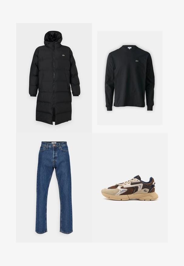 Fekete, kapucnis puffertakó, teljes cipzárral, hosszú ujjakkal és térd hosszig érő fazonnal. Puha, steppelt textúra logó részlettel.; Fekete hosszú ujjú pamut póló, kerek nyakkivágással, bal mellen egy kis zöld hímzett krokodil logóval.; Sötétkék farmernadrág magas derékkal és egyenes szárakkal. Gombos záródással, öt zsebbel és kontrasztos varrással rendelkezik.; Beige és barna sportcipő, textúrált hálós panelek, velúr díszítések és gumitalp jellemzi. Fűzős dizájnnal és márkázott részletekkel rendelkezik.