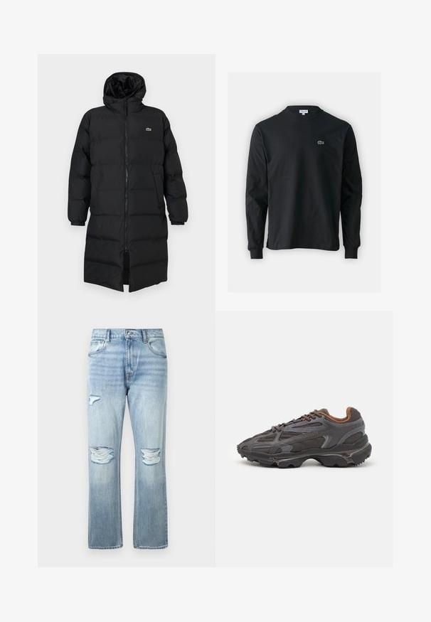 Mustahomeinen musta untuvatakki hupulla, jossa on täysipitkä vetoketju, pitkät hihat ja polvenpituinen malli. Pehmeä, tikkikuvioitu pinta logotiedolla.; Musta pitkähiha t-paita, joka on valmistettu puuvillasta. Paita on varustettu pyöreällä kaula-aukolla ja vasemmassa rinnassa on pieni vihreä brodeerattu krokotiililogo.; Vaaleansiniset farkut, joissa on kuluneet repeämät molemmissa polvissa ja pieni repeämä vasemmassa reidessä, klassinen viisi taskua -tyyli.; Lacoste-tennar i mörkgrått med nät- och syntetmaterial, med en texturerad sula och bruna accenter på kragen och märket.