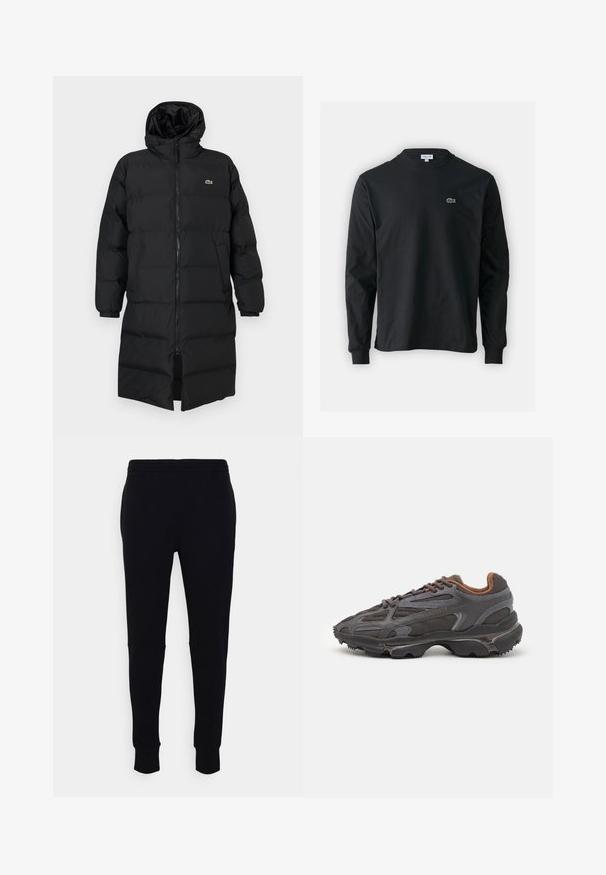 Zwarte pufferjas met een kap, voorzien van een volledige ritssluiting, lange mouwen en een lengte tot de knie. Zachte, gewatteerde textuur met logo-detail.; Zwarte longsleeve t-shirt van katoen, met een ronde halslijn en een klein groen geborduurd krokodillenlogo op de linkerborst.; Zwarte trainingsbroek van zachte stof, met een taps toelopende pasvorm, elastische tailleband en ribgebreide boorden bij de enkels. Geen zichtbare patronen.; Lacoste sneakers in donkergrijs van mesh en synthetisch materiaal, met een gestructureerde zool en bruine accenten op de kraag en branding.