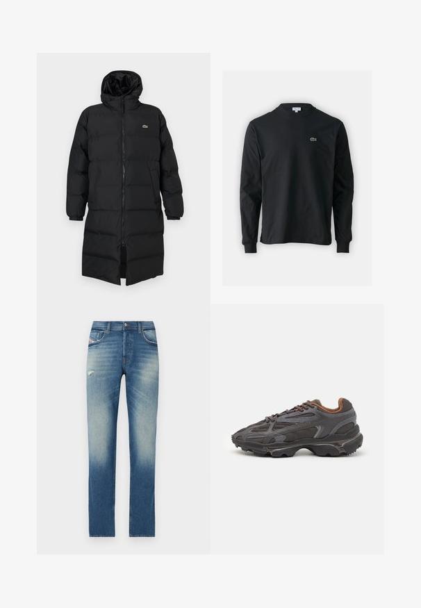Fekete, kapucnis puffertakó, teljes cipzárral, hosszú ujjakkal és térd hosszig érő fazonnal. Puha, steppelt textúra logó részlettel.; Fekete hosszú ujjú pamut póló, kerek nyakkivágással, bal mellen egy kis zöld hímzett krokodil logóval.; Kék farmernadrág egyenes fazonban, világos kopásokkal, egy kis kopott részlettel az elején, és standard öt zsebes kialakítással.; Sötét szürke Lacoste sportcipők hálós és szintetikus anyagból, textúrázott talppal és barna díszítésekkel a nyak részen és a logón.