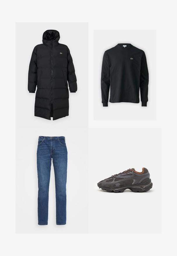 Geacă puffer neagră cu glugă, dotată cu fermoar complet, mâneci lungi și un design până la genunchi. Textură moale, matlasată, cu detalii ale logo-ului.; Tricou negru cu mânecă lungă, realizat din bumbac, cu un guler rotund și un mic logo brodat cu un crocodil verde pe partea stângă a pieptului.; Blugi din denim albastru cu croi drept, dotati cu cinci buzunare, inchidere cu un buton metalic si decolorare subtila pe o textura neteda.; Adidași Lacoste de culoare gri închis, din material mesh și sintetic, cu o talpă texturată și accente maronii pe guler și branding.