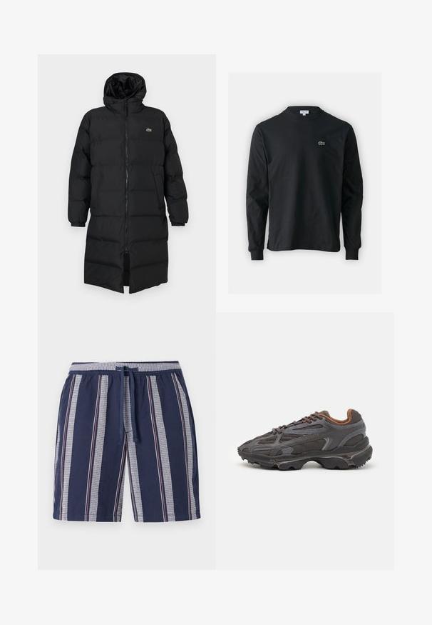 Schwarze Daunenjacke mit Kapuze, ausgestattet mit einem vollen Reißverschluss, langen Ärmeln und einem knielangen Schnitt. Weiche, gesteppten Textur mit Logodetail.; Schwarzes Langarm-T-Shirt aus Baumwolle, mit Rundhalsausschnitt und einem kleinen grünen, gestickten Krokodil-Logo auf der linken Brust.; Marineblaue Badehose mit vertikal gestreiftem Muster in Weiß und Rot, elastischem Taillenbund und Kordelzug, aus leichtem Stoff gefertigt.; Lacoste Sneaker in Dunkelgrau aus Mesh und Synthetikmaterial, mit einer strukturierten Sohle und braunen Akzenten am Kragen und Logo.