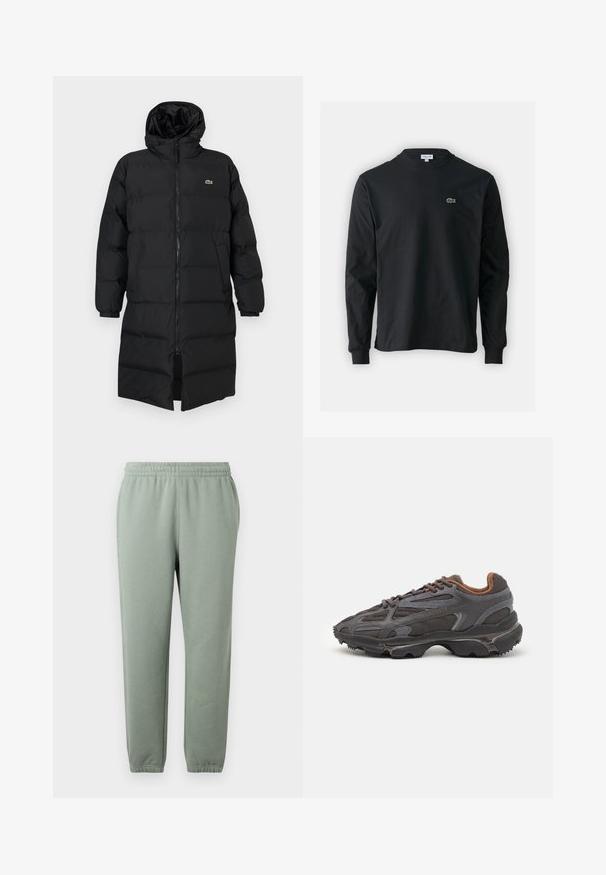 Čierna prešívaná bunda s kapucňou, vybavená plným zipsom, dlhými rukávmi a dĺžkou po kolená. Mäkká, prešívaná textúra s detailom loga.; Čierne tričko s dlhým rukávom vyrobené z bavlny, s okrúhlym výstrihom a malým zeleným vyšívaným logom krokodíla na ľavej hrudi.; Svetlé zelené teplákové nohavice s elastickým pásom, zužujúcimi sa nohavicami a manžetami na členkoch. Vyrobené z mäkkej, ľahkej tkaniny.; Lacoste tenisky v tmavo sivej farbe z nylonu a syntetického materiálu, s textúrovanou podrážkou a hnedými akcentami na golieri a brandingu.