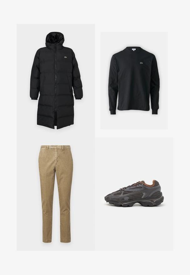 Zwarte pufferjas met een kap, voorzien van een volledige ritssluiting, lange mouwen en een lengte tot de knie. Zachte, gewatteerde textuur met logo-detail.; Zwarte longsleeve t-shirt van katoen, met een ronde halslijn en een klein groen geborduurd krokodillenlogo op de linkerborst.; Beige corduroy broek met een rechte snit, voorzien van een knoopsluiting en zijzakken. Gladde textuur met een zichtbaar geribbeld patroon.; Lacoste sneakers in donkergrijs van mesh en synthetisch materiaal, met een gestructureerde zool en bruine accenten op de kraag en branding.