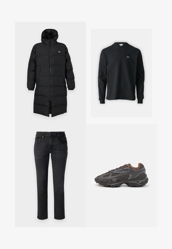 Zwarte pufferjas met een kap, voorzien van een volledige ritssluiting, lange mouwen en een lengte tot de knie. Zachte, gewatteerde textuur met logo-detail.; Zwarte longsleeve t-shirt van katoen, met een ronde halslijn en een klein groen geborduurd krokodillenlogo op de linkerborst.; Zwarte denim jeans met een rechte snit, voorzien van voorzakken, riemlussen en subtiele slijtage-details op de stof.; Lacoste sneakers in donkergrijs van mesh en synthetisch materiaal, met een gestructureerde zool en bruine accenten op de kraag en branding.