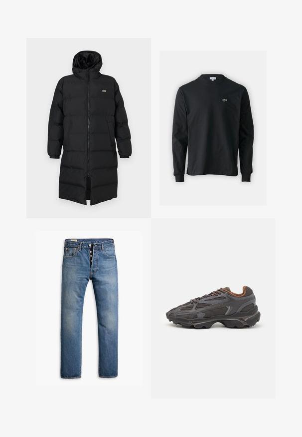 Abrigo acolchado negro con capucha, que presenta un cierre completo, mangas largas y un diseño hasta la rodilla. Textura suave y acolchada con detalle de logo.; Camiseta de manga larga negra de algodón, con escote redondo y un pequeño logo de cocodrilo bordado en verde en el lado izquierdo del pecho.; Vaqueros de mezclilla azul claro con corte recto, que cuentan con cinco bolsillos y un cierre de botón. Textura desgastada con áreas descoloridas.; Zapatillas Lacoste en gris oscuro con material de malla y sintético, que cuentan con una suela texturizada y detalles en marrón en el cuello y la marca.