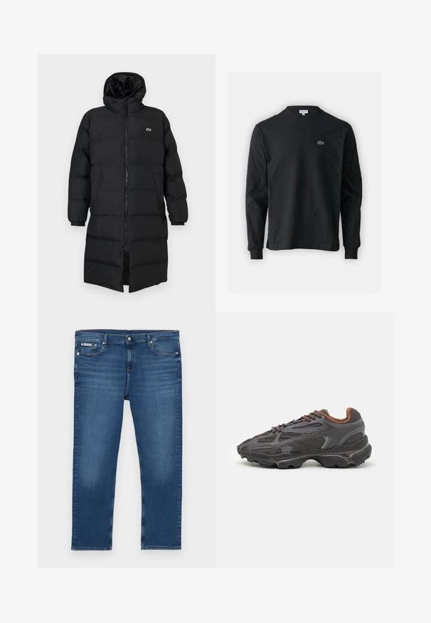 Abrigo acolchado negro con capucha, que presenta un cierre completo, mangas largas y un diseño hasta la rodilla. Textura suave y acolchada con detalle de logo.; Camiseta de manga larga negra de algodón, con escote redondo y un pequeño logo de cocodrilo bordado en verde en el lado izquierdo del pecho.; Jeans de mezclilla azul oscuro con corte recto, cinco bolsillos y costuras en contraste. Presentan un botón de metal y una etiqueta de marca en la cintura.; Zapatillas Lacoste en gris oscuro con material de malla y sintético, que cuentan con una suela texturizada y detalles en marrón en el cuello y la marca.