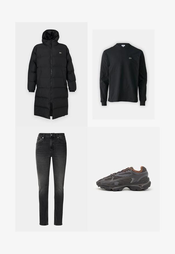 Fekete, kapucnis puffertakó, teljes cipzárral, hosszú ujjakkal és térd hosszig érő fazonnal. Puha, steppelt textúra logó részlettel.; Fekete hosszú ujjú pamut póló, kerek nyakkivágással, bal mellen egy kis zöld hímzett krokodil logóval.; Fekete farmernadrág, egyenes szabással, öt zsebbel és gombos záródással. A világos elhalványulás textúrát ad az anyagnak.; Sötét szürke Lacoste sportcipők hálós és szintetikus anyagból, textúrázott talppal és barna díszítésekkel a nyak részen és a logón.