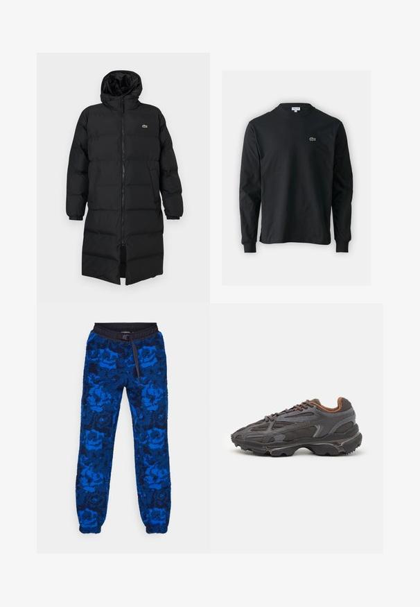 Schwarze Daunenjacke mit Kapuze, ausgestattet mit einem vollen Reißverschluss, langen Ärmeln und einem knielangen Schnitt. Weiche, gesteppten Textur mit Logodetail.; Schwarzes Langarm-T-Shirt aus Baumwolle, mit Rundhalsausschnitt und einem kleinen grünen, gestickten Krokodil-Logo auf der linken Brust.; Blaue Fleece-Jogginghosen mit floralem Muster, ausgestattet mit einem schwarzen elastischen Bund und Kordelzug. Strukturiertes Material mit elastischen Bündchen an den Knöcheln.; Lacoste Sneaker in Dunkelgrau aus Mesh und Synthetikmaterial, mit einer strukturierten Sohle und braunen Akzenten am Kragen und Logo.