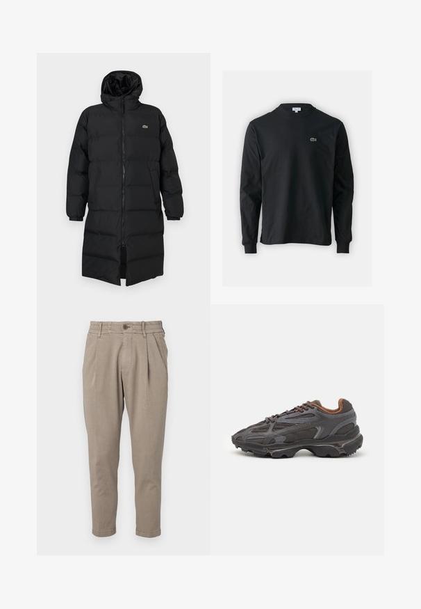 Svart dunjakke med hette, med hel glidelås, lange ermer og knelengde. Myk, quiltet tekstur med logodetalj.; Svart langermet T-skjorte laget av bomull, med rund hals og en liten grønn brodert krokodillelogo på venstre bryst.; Beige bukser med struktureret stof, der har en knaplukning og en elastisk talje. Designet med en tætsiddende ben og forfald.; Lacoste-sneakers i mørkegrått med mesh- og syntetisk materiale, med en teksturert såle og brune detaljer på kragen og merket.