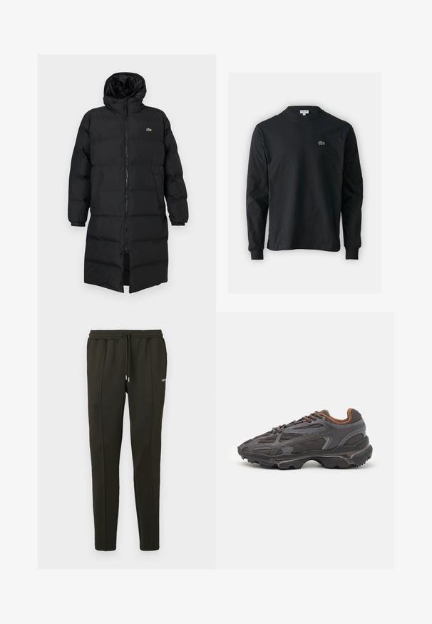 Črni napihnjen plašč s kapuco, ki ima poln zadrgo, dolge rokave in dolžino do kolen. Mehka, quilted tekstura z logotipom.; Črna dolgi rokavi majica iz bombaža, z okroglim ovratnikom in majhnim zelenim vezenim logotipom krokodila na levem prsnem delu.; Temnozelene trenerke iz teksturirane tkanine, z elastičnim pasom, vrvico in diskretnim logotipom na strani.; Lacoste teniske v temno sivi barvi z mrežasto in sintetično prevleko, s teksturiranim podplatom in rjavimi detajli na ovratniku ter blagovni znamki.