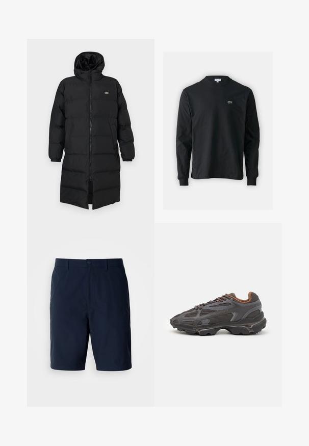 Fekete, kapucnis puffertakó, teljes cipzárral, hosszú ujjakkal és térd hosszig érő fazonnal. Puha, steppelt textúra logó részlettel.; Fekete hosszú ujjú pamut póló, kerek nyakkivágással, bal mellen egy kis zöld hímzett krokodil logóval.; Sötétkék, könnyű anyagból készült rövidnadrág, klasszikus szabással, hátsó zsebekkel és elöl gombos záródással, cipzárral.; Sötét szürke Lacoste sportcipők hálós és szintetikus anyagból, textúrázott talppal és barna díszítésekkel a nyak részen és a logón.