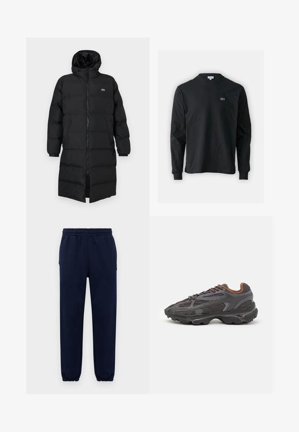 Μαύρο φουσκωτό παλτό με κουκούλα, διαθέτοντας πλήρες φερμουάρ, μακριά μανίκια και σχέδιο μέχρι το γόνατο. Μαλακή, υφασμάτινη υφή με λεπτομέρεια λογότυπου.; Μαύρο μπλουζάκι με μακριά μανίκια από βαμβάκι, με στρογγυλή λαιμόκοψη και μικρό πράσινο κεντητό λογότυπο κροκοδείλου στην αριστερή πλευρά του στήθους.; Σκούρες μπλε φόρμες με ελαστική μέση και μόνιμο άκρο, ίσια γραμμή, προβαλλόμενες σε μια απλή ανοιχτή φόντο.; Αθλητικά παπούτσια Lacoste σε σκούρο γκρι χρώμα, κατασκευασμένα από διχτυωτό και συνθετικό υλικό, με ελαστική σόλα και καφέ λεπτομέρειες στον γιακά και στο branding.