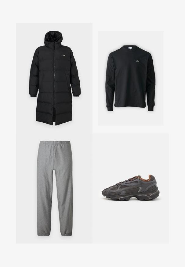 Melna pūkaina jaka ar kapuci, kas aprīkota ar pilnu rāvējslēdzēju, garām piedurknēm un ceļgala garuma dizainu. Mīksta, quiltēta tekstūra ar logotipa detaļu.; Melna garām piedurknēm t-krekls, izgatavots no kokvilnas, ar apaļu kakla izgriezumu un mazu zaļu izšūtu krokodila logo kreisajā krūtī.; Pelēkas, vieglas bikses ar elastīgu jostasvietu, viegli sašaurinātām kājām un elastīgām aprocēm. Gluda tekstūra ar smalku rakstu.; Lacoste kedas tumši pelēkā krāsā ar acu audumu un sintētisko materiālu, ar teksturētu zoli un brūniem akcentiem apkaklītē un zīmola uzrakstā.