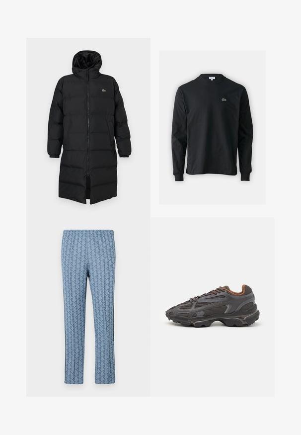 Čierna prešívaná bunda s kapucňou, vybavená plným zipsom, dlhými rukávmi a dĺžkou po kolená. Mäkká, prešívaná textúra s detailom loga.; Čierne tričko s dlhým rukávom vyrobené z bavlny, s okrúhlym výstrihom a malým zeleným vyšívaným logom krokodíla na ľavej hrudi.; Modré vzorované nohavice s geometrickým dizajnom, elastickým pásom a úzkych nohách. Vyrobené z textúrovanej látky s hladkým povrchom.; Lacoste tenisky v tmavo sivej farbe z nylonu a syntetického materiálu, s textúrovanou podrážkou a hnedými akcentami na golieri a brandingu.
