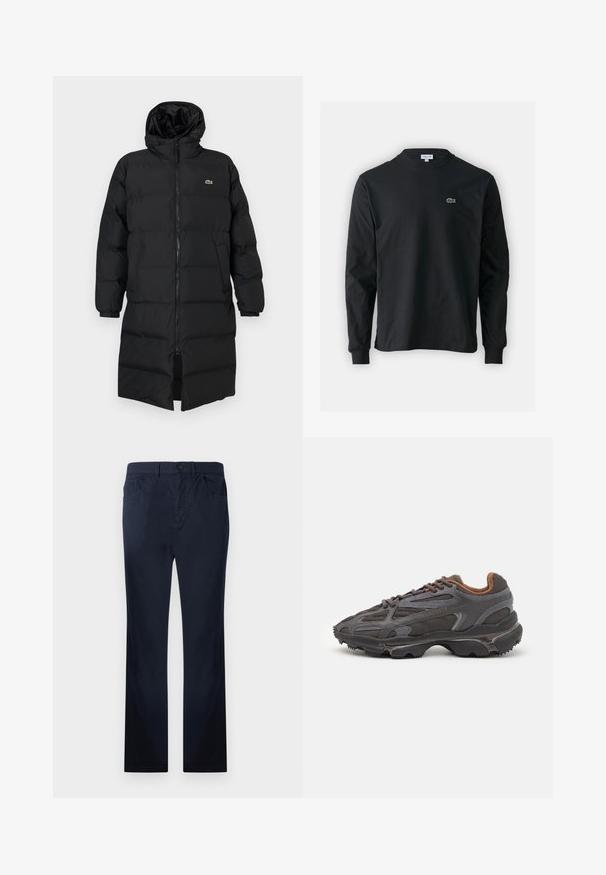 Schwarze Daunenjacke mit Kapuze, ausgestattet mit einem vollen Reißverschluss, langen Ärmeln und einem knielangen Schnitt. Weiche, gesteppten Textur mit Logodetail.; Schwarzes Langarm-T-Shirt aus Baumwolle, mit Rundhalsausschnitt und einem kleinen grünen, gestickten Krokodil-Logo auf der linken Brust.; Marineblaue Baumwollhose mit geradem Schnitt, vorn und hinten Taschen, Reißverschluss und einem einzelnen Knopfverschluss.; Lacoste Sneaker in Dunkelgrau aus Mesh und Synthetikmaterial, mit einer strukturierten Sohle und braunen Akzenten am Kragen und Logo.