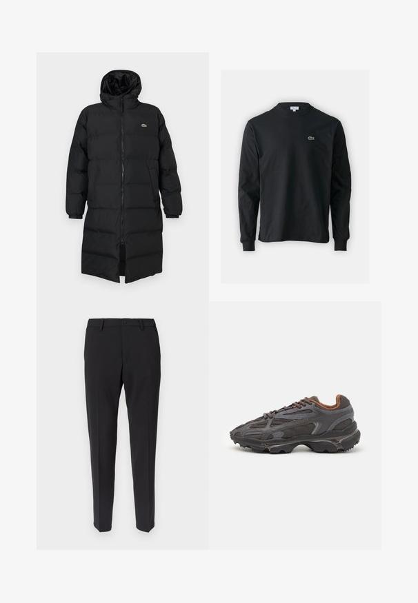 Manteau en duvet noir avec capuche, doté d'une fermeture éclair intégrale, de manches longues et d'un design long jusqu'aux genoux. Texture douce matelassée avec un détail de logo.; T-shirt noir à manches longues en coton, avec un col rond et un petit logo de crocodile brodé vert sur la poitrine gauche.; Pantalon noir sur mesure à coupe droite, avec une texture lisse, des passants pour ceinture et des poches avant. Fermeture par bouton et fermeture éclair.; Baskets Lacoste en gris foncé, en matériau mesh et synthétique, avec une semelle texturée et des accents marron sur le col et le branding.
