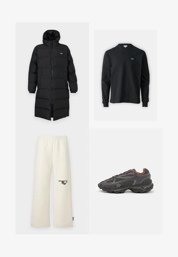 Juodas pūkinis paltas su kapišonu, su pilnu užtrauktuku, ilgomis rankovėmis ir iki kelių ilgio. Minkšta, siuvinėta tekstūra su logotipo detale.; Juodas ilgomis rankovėmis marškinėliai iš medvilnės, turintys apvalią iškirptę ir mažą žalią išsiuvinėtą krokodilo logotipą kairėje krūtinės pusėje.; Kreminės spalvos sportinės kelnės su laisvu kirpimu, elastinga juosta ir šoninėmis kišenėmis. Kairėje šlaunyje yra spausdintas dizainas.; Lacoste sportbačiai tamsiai pilki, pagaminti iš tinklinės ir sintetinių medžiagų, su tekstūruotu padu ir rudomis detalėmis ant apykaklės bei prekės ženklo.