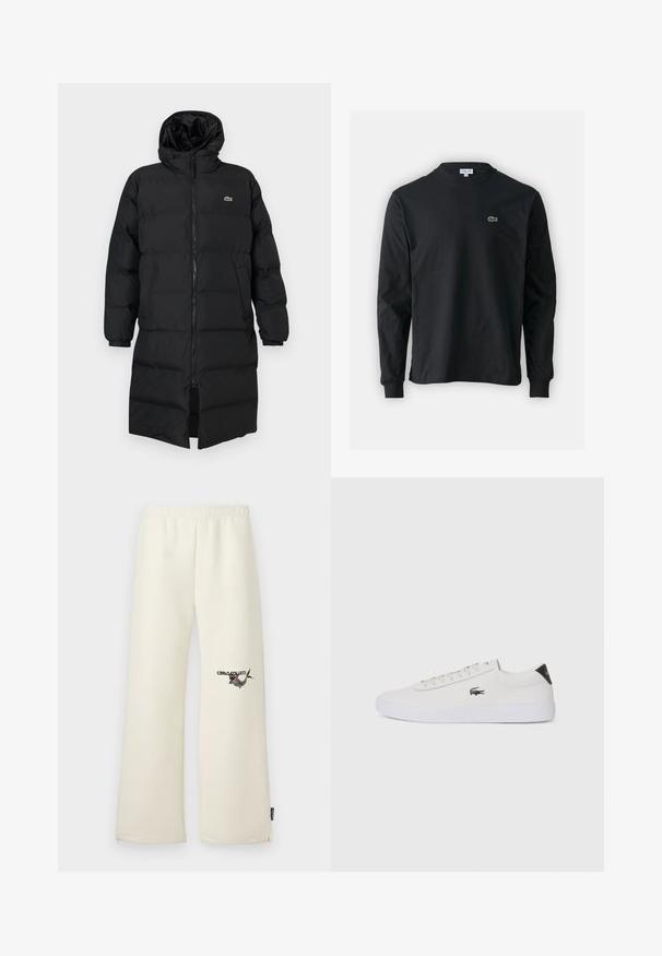Sort pufferjakke med hætte, der har fuld lynlås, lange ærmer og knælængde. Blød, quiltet tekstur med logo-detalje.; Sort langærmet t-shirt lavet af bomuld, med rund halsudskæring og et lille grønt broderet krokodillelogo på venstre bryst.; Cremefarvede sweatpants med afslappet pasform, elastisk talje og sidelommer. Har et trykt design på venstre lår.; Hvide lædersneakers med rund tå, snørebånd foran og sort hælaccent. Har et lille broderet krokodillelogo på siden.