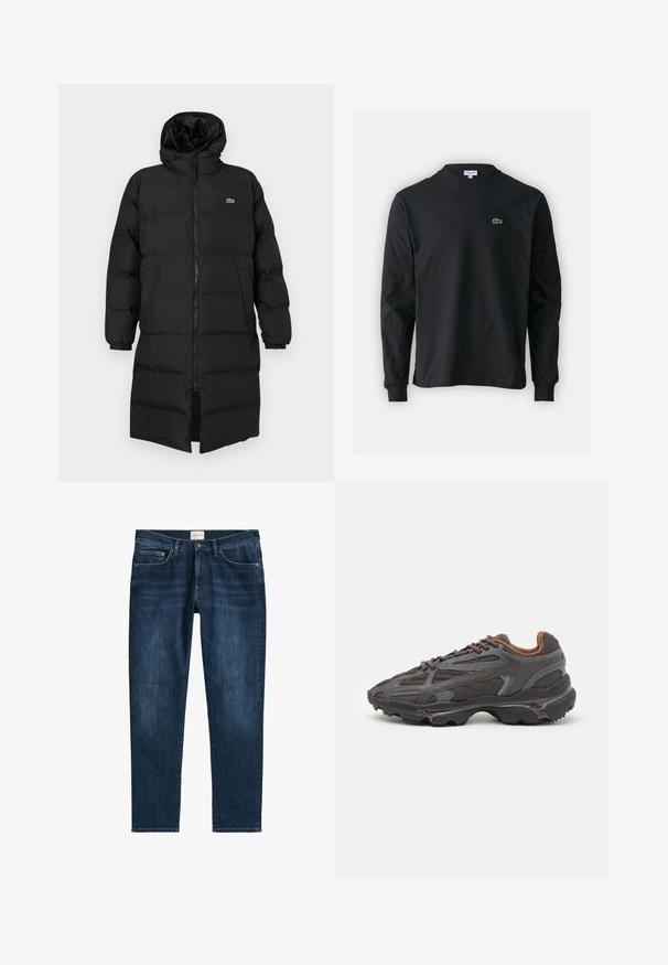 Juodas pūkinis paltas su kapišonu, su pilnu užtrauktuku, ilgomis rankovėmis ir iki kelių ilgio. Minkšta, siuvinėta tekstūra su logotipo detale.; Juodas ilgomis rankovėmis marškinėliai iš medvilnės, turintys apvalią iškirptę ir mažą žalią išsiuvinėtą krokodilo logotipą kairėje krūtinės pusėje.; Tamsiai mėlynos džinsinės kelnės su tiesia kojų iškirpte, penkiais kišenėmis, diržo kilpos ir švelniu išblukimu. Medžiaga turi lygią tekstūrą.; Lacoste sportbačiai tamsiai pilki, pagaminti iš tinklinės ir sintetinių medžiagų, su tekstūruotu padu ir rudomis detalėmis ant apykaklės bei prekės ženklo.