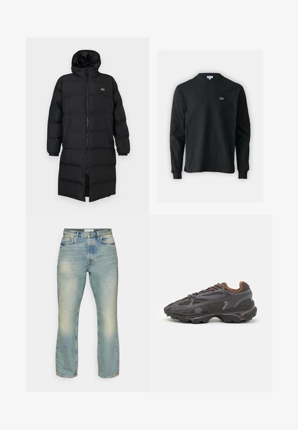 Melna pūkaina jaka ar kapuci, kas aprīkota ar pilnu rāvējslēdzēju, garām piedurknēm un ceļgala garuma dizainu. Mīksta, quiltēta tekstūra ar logotipa detaļu.; Melna garām piedurknēm t-krekls, izgatavots no kokvilnas, ar apaļu kakla izgriezumu un mazu zaļu izšūtu krokodila logo kreisajā krūtī.; Samsøe Samsøe EDDIE - Džinsi ar taisnām starām - grime; Lacoste kedas tumši pelēkā krāsā ar acu audumu un sintētisko materiālu, ar teksturētu zoli un brūniem akcentiem apkaklītē un zīmola uzrakstā.