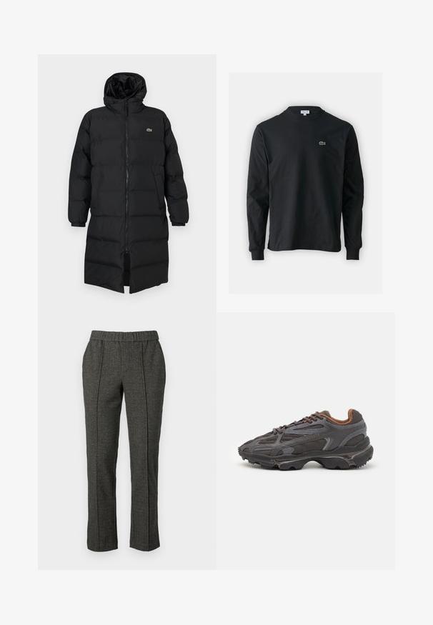 Črni napihnjen plašč s kapuco, ki ima poln zadrgo, dolge rokave in dolžino do kolen. Mehka, quilted tekstura z logotipom.; Črna dolgi rokavi majica iz bombaža, z okroglim ovratnikom in majhnim zelenim vezenim logotipom krokodila na levem prsnem delu.; Sive elegantne hlače iz teksturirane tkanine, z elastičnim pasom, ravnimi hlačnicami in sprednjim pregibom.; Lacoste teniske v temno sivi barvi z mrežasto in sintetično prevleko, s teksturiranim podplatom in rjavimi detajli na ovratniku ter blagovni znamki.