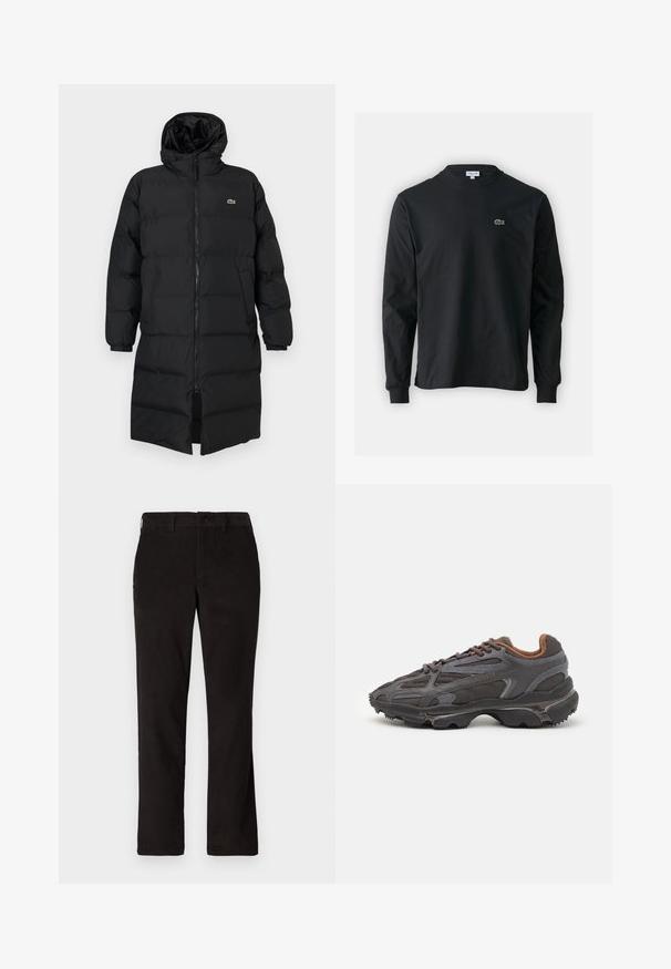 Čierna prešívaná bunda s kapucňou, vybavená plným zipsom, dlhými rukávmi a dĺžkou po kolená. Mäkká, prešívaná textúra s detailom loga.; Čierne tričko s dlhým rukávom vyrobené z bavlny, s okrúhlym výstrihom a malým zeleným vyšívaným logom krokodíla na ľavej hrudi.; Čierne kordové nohavice so strihom rovného strihu, s uzatvorením na gombík a dvoma prednými vreckami. Mäkka látka s jemnou rebrovanou textúrou.; Lacoste tenisky v tmavo sivej farbe z nylonu a syntetického materiálu, s textúrovanou podrážkou a hnedými akcentami na golieri a brandingu.