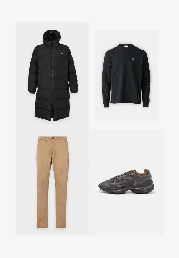 Mustahomeinen musta untuvatakki hupulla, jossa on täysipitkä vetoketju, pitkät hihat ja polvenpituinen malli. Pehmeä, tikkikuvioitu pinta logotiedolla.; Musta pitkähiha t-paita, joka on valmistettu puuvillasta. Paita on varustettu pyöreällä kaula-aukolla ja vasemmassa rinnassa on pieni vihreä brodeerattu krokotiililogo.; Khaki chinos suorat lahkeet valmistettu puuvillasta. Ominaisuuksiin kuuluu etunappi, vetoketjukiila ja sivutaskut, joissa on sileä pinta ilman näkyviä kuvioita.; Lacoste-tennar i mörkgrått med nät- och syntetmaterial, med en texturerad sula och bruna accenter på kragen och märket.