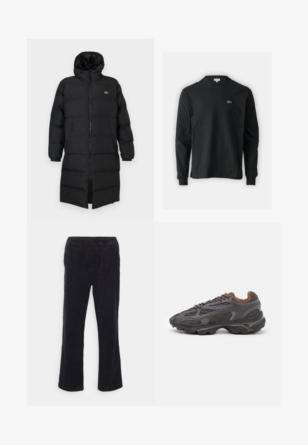 Black puffer coat with a hood, featuring a full zipper, long sleeves, and a knee-length design. Soft, quilted texture with logo detail.; Black long-sleeve t-shirt made of cotton, featuring a round neckline and a small green embroidered crocodile logo on the left chest.; Black corduroy pants with an elastic waistband, straight-leg design, and visible ribbed texture. Features no additional hardware or accents.; Lacoste sneakers in dark gray with mesh and synthetic material, featuring a textured sole and brown accents on the collar and branding.