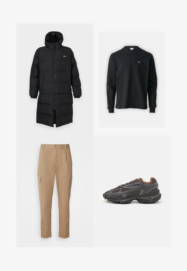 Črni napihnjen plašč s kapuco, ki ima poln zadrgo, dolge rokave in dolžino do kolen. Mehka, quilted tekstura z logotipom.; Črna dolgi rokavi majica iz bombaža, z okroglim ovratnikom in majhnim zelenim vezenim logotipom krokodila na levem prsnem delu.; Bež hlače s krojem ravnih hlač, ki imajo stranske žepke in zadrgo, izdelane iz lahkega materiala z gladko teksturo.; Lacoste teniske v temno sivi barvi z mrežasto in sintetično prevleko, s teksturiranim podplatom in rjavimi detajli na ovratniku ter blagovni znamki.