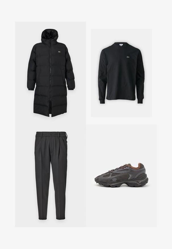 Črni napihnjen plašč s kapuco, ki ima poln zadrgo, dolge rokave in dolžino do kolen. Mehka, quilted tekstura z logotipom.; Črna dolgi rokavi majica iz bombaža, z okroglim ovratnikom in majhnim zelenim vezenim logotipom krokodila na levem prsnem delu.; Črne hlače iz gladkega blaga, z nabranim sprednjim delom, elastičnim pasom ter ravnimi nogavicami, ki se na dnu zožijo.; Lacoste teniske v temno sivi barvi z mrežasto in sintetično prevleko, s teksturiranim podplatom in rjavimi detajli na ovratniku ter blagovni znamki.