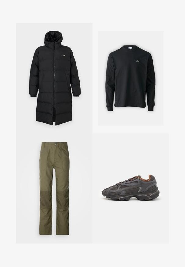 Schwarze Daunenjacke mit Kapuze, ausgestattet mit einem vollen Reißverschluss, langen Ärmeln und einem knielangen Schnitt. Weiche, gesteppten Textur mit Logodetail.; Schwarzes Langarm-T-Shirt aus Baumwolle, mit Rundhalsausschnitt und einem kleinen grünen, gestickten Krokodil-Logo auf der linken Brust.; Olivgrüne Hosen mit geradem Schnitt, mit verstärkten Knielappen, zwei Vorderaschen und einem Knopfverschluss an der Taille.; Lacoste Sneaker in Dunkelgrau aus Mesh und Synthetikmaterial, mit einer strukturierten Sohle und braunen Akzenten am Kragen und Logo.