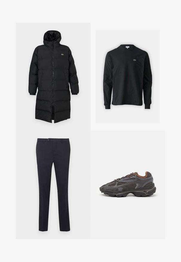 Abrigo acolchado negro con capucha, que presenta un cierre completo, mangas largas y un diseño hasta la rodilla. Textura suave y acolchada con detalle de logo.; Camiseta de manga larga negra de algodón, con escote redondo y un pequeño logo de cocodrilo bordado en verde en el lado izquierdo del pecho.; Pantalones de algodón azul marino con corte recto, con cierre de botón, trabillas para cinturón y sin patrones ni adornos visibles.; Zapatillas Lacoste en gris oscuro con material de malla y sintético, que cuentan con una suela texturizada y detalles en marrón en el cuello y la marca.