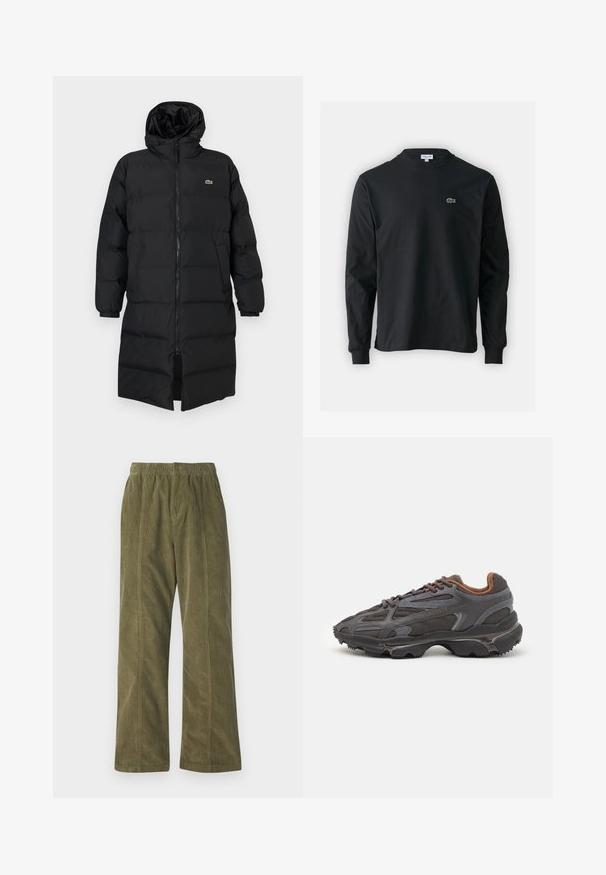 Čierna prešívaná bunda s kapucňou, vybavená plným zipsom, dlhými rukávmi a dĺžkou po kolená. Mäkká, prešívaná textúra s detailom loga.; Čierne tričko s dlhým rukávom vyrobené z bavlny, s okrúhlym výstrihom a malým zeleným vyšívaným logom krokodíla na ľavej hrudi.; Olivené manžetové nohavice s širokými nohavicami, elastickým pásom a viditeľným prešívaním pozdĺž strán.; Lacoste tenisky v tmavo sivej farbe z nylonu a syntetického materiálu, s textúrovanou podrážkou a hnedými akcentami na golieri a brandingu.