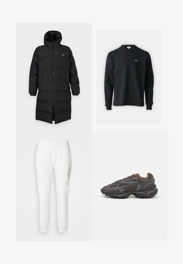 Black puffer coat with a hood, featuring a full zipper, long sleeves, and a knee-length design. Soft, quilted texture with logo detail.; Black long-sleeve t-shirt made of cotton, featuring a round neckline and a small green embroidered crocodile logo on the left chest.; Calvin Klein HORIZONTAL LOGO SWEATPANTS - Tracksuit bottoms - silver birch; Lacoste sneakers in dark gray with mesh and synthetic material, featuring a textured sole and brown accents on the collar and branding.