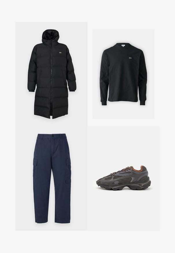 Czarna kurtka puchowa z kapturem, z pełnym zamkiem, długimi rękawami i długością sięgającą kolan. Miękka, pikowana tekstura z detalem logo.; Czarna koszulka z długim rękawem, wykonana z bawełny, z okrągłym dekoltem i małym haftowanym logo krokodyla w kolorze zielonym po lewej stronie klatki piersiowej.; Granatowe spodnie cargo wykonane z bawełny. Posiadają dwie boczne kieszenie, zapięcie na guzik oraz prosty krój nogawek. Gładka tekstura i swobodny krój.; Sneakers Lacoste w ciemnoszarym kolorze, wykonane z siateczki i materiału syntetycznego, z teksturowaną podeszwą oraz brązowymi akcentami na kołnierzu i logotypie.