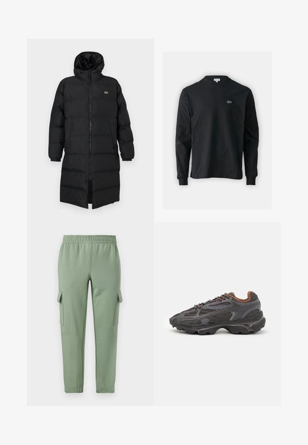 Fekete, kapucnis puffertakó, teljes cipzárral, hosszú ujjakkal és térd hosszig érő fazonnal. Puha, steppelt textúra logó részlettel.; Fekete hosszú ujjú pamut póló, kerek nyakkivágással, bal mellen egy kis zöld hímzett krokodil logóval.; Világoszöld sportnadrág rugalmas derékkal, szűkített lábszárakkal és két oldalsó cargo zsebbel. Puha, légáteresztő anyagból készült.; Sötét szürke Lacoste sportcipők hálós és szintetikus anyagból, textúrázott talppal és barna díszítésekkel a nyak részen és a logón.